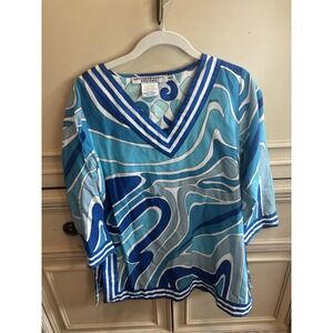 Gretchen Scott Blue Geometric Retro Cotton Vneck Tunic Small Beachy